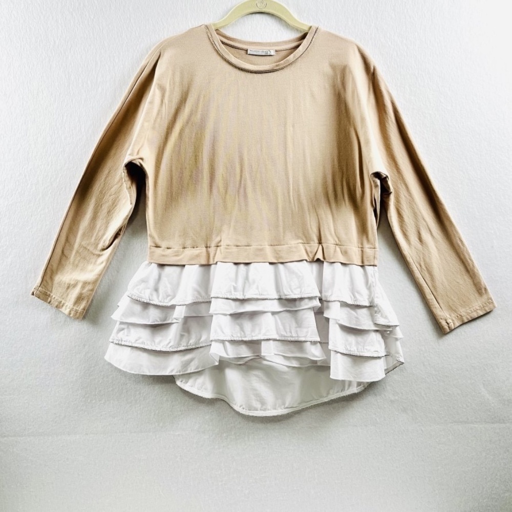 Hubert Gasser Women's Medium Tan White Cotton Ruffle Tiered Long Sleeve